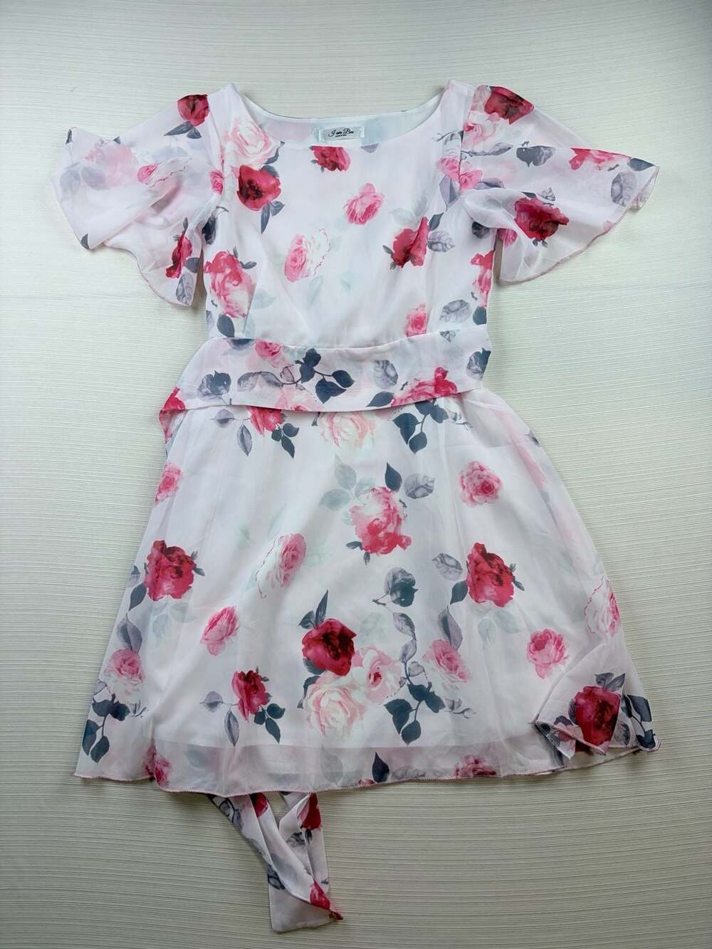 I am Bee Floral Dress Pink White Chiffon Flutter Sleeve Mini Sundress
